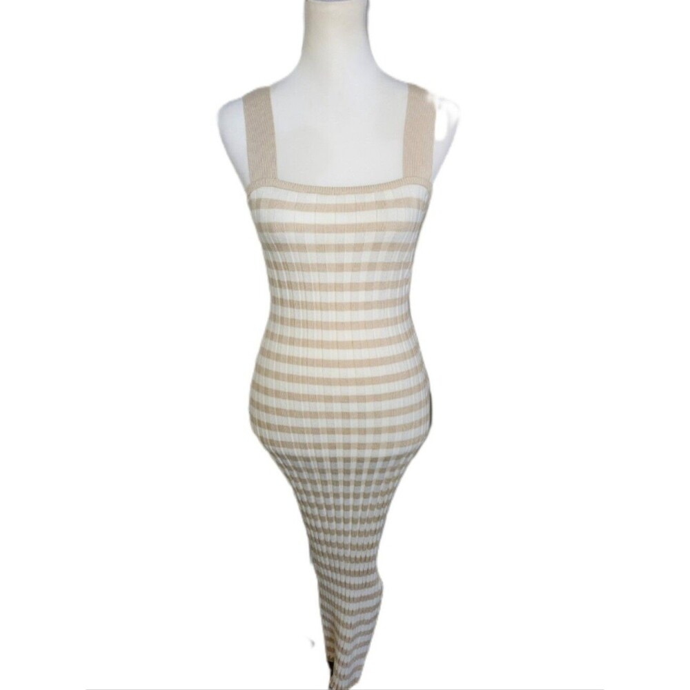 Merokeety Stretchy Knit Cream & Tan Striped Maxi Dress, Square Neckline, XS - Picture 7 of 12